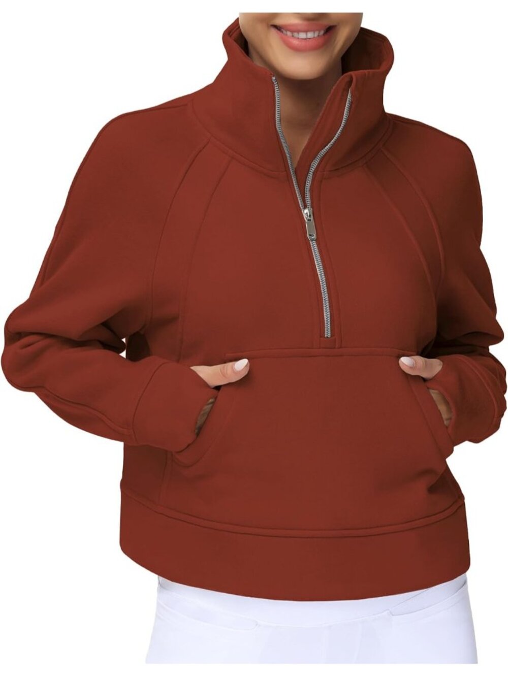 Women's Maroon Fleece Lined Stand Collar Half Zip Thumb Holes Crop Sweatshirt